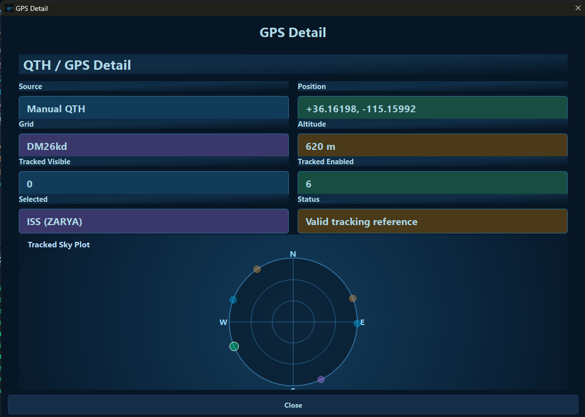 GPS detail panel showing QTH source, Maidenhead grid, position, altitude, enabled satellites, and tracked sky plot.
