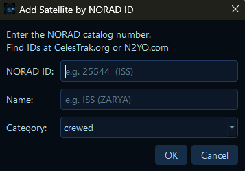 Add Satellite by NORAD ID dialog with category selection.