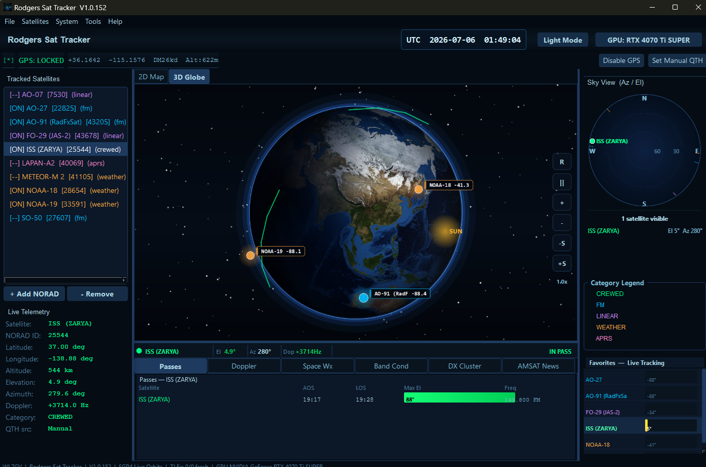 2D ground track map with satellite footprint, telemetry, pass prediction, and sky view.