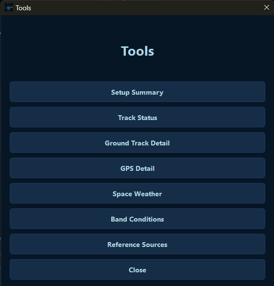 Tools dialog listing setup summary, track status, ground track detail, GPS detail, space weather, band conditions, and reference sources.